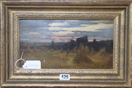 S. Wilson, oil on paper, Harvest field at dusk, signed, 16 x 30cm